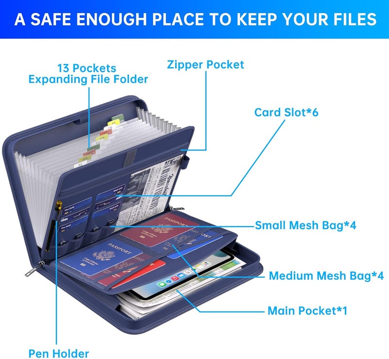 ENGPOW Accordion File Organizer,Fireproof Expanding File Folder with Multi Pockets,13 Pockets Document Organizer with Handle & Labels,Portable Home Travel Safe Storage Folder for Letter A4 Files,Blue - Image 5